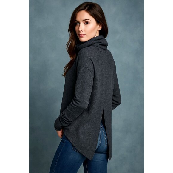 Free People We The Free Heather Gray Split Back Turtleneck Sweater | Large - Picture 1 of 10